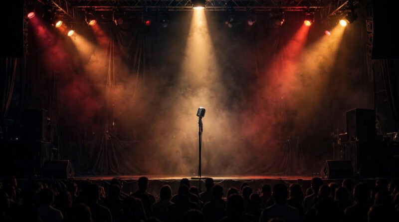 A lone microphone in a spotlight on a hip-hop concert stage, a tribute to the late rapper DMX