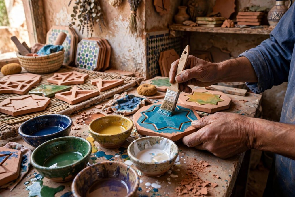Artisan hand-glazing zellige tiles in a Moroccan workshop