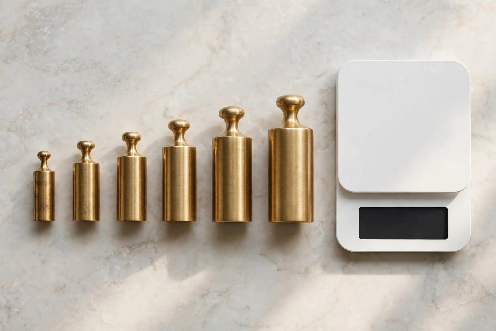 Brass calibration weights and a digital scale illustrating pound to ounce conversion