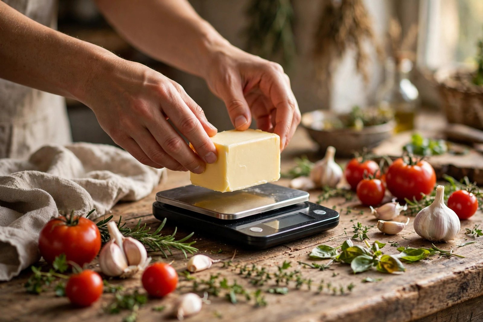 Hands weighing butter on a kitchen scale for accurate ounce measurements in cooking