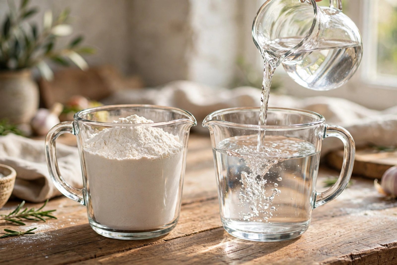 Dry flour and water in measuring cups showing the difference between dry ounces and fluid ounces