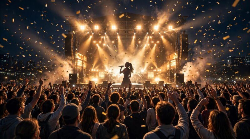 Sabrina Carpenter pop concert stage performance with crowd and confetti