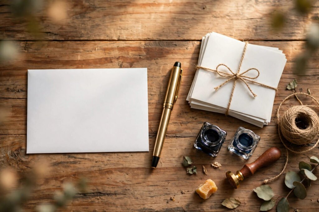 Hand addressing an envelope with a pen on a desk beside postage stamps