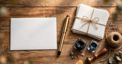 Hand addressing an envelope with a pen on a desk beside postage stamps