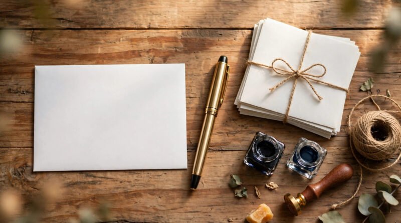 Hand addressing an envelope with a pen on a desk beside postage stamps