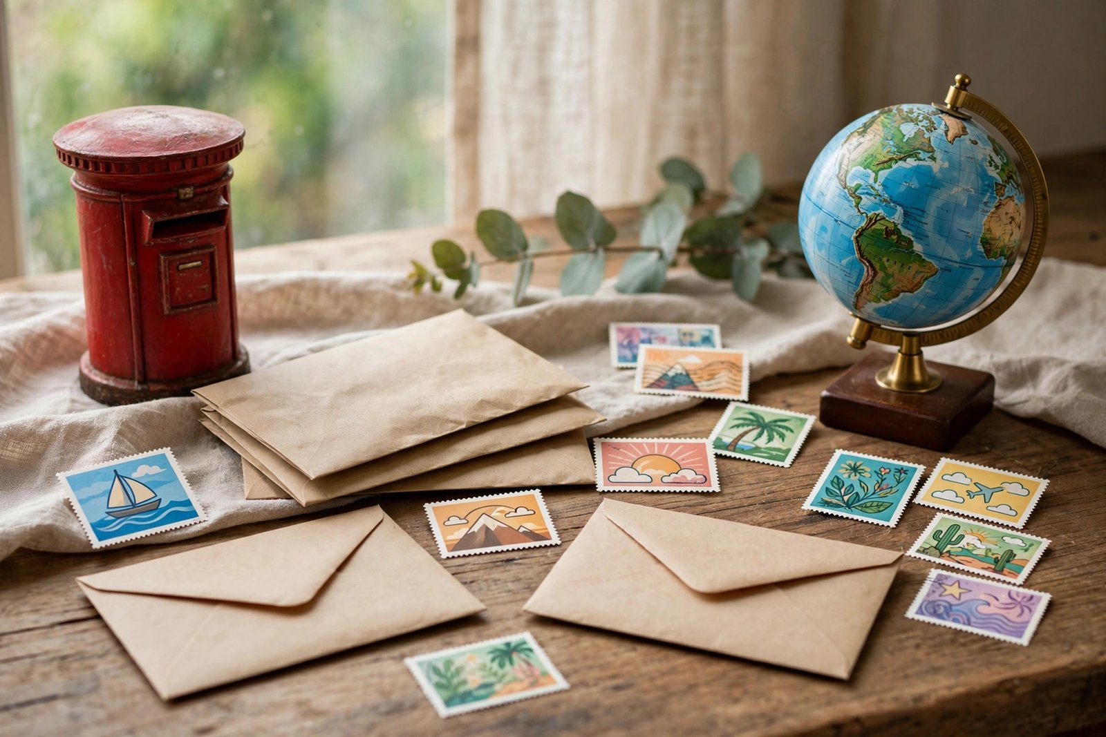 Sealed stamped envelopes beside a globe and red post box ready for international mailing