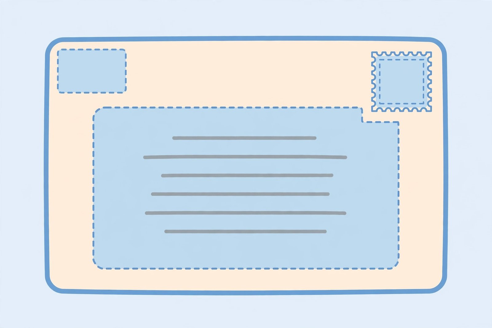 Clean diagram showing the three key zones on an envelope: return address top left, recipient address in the center, postage stamp top right