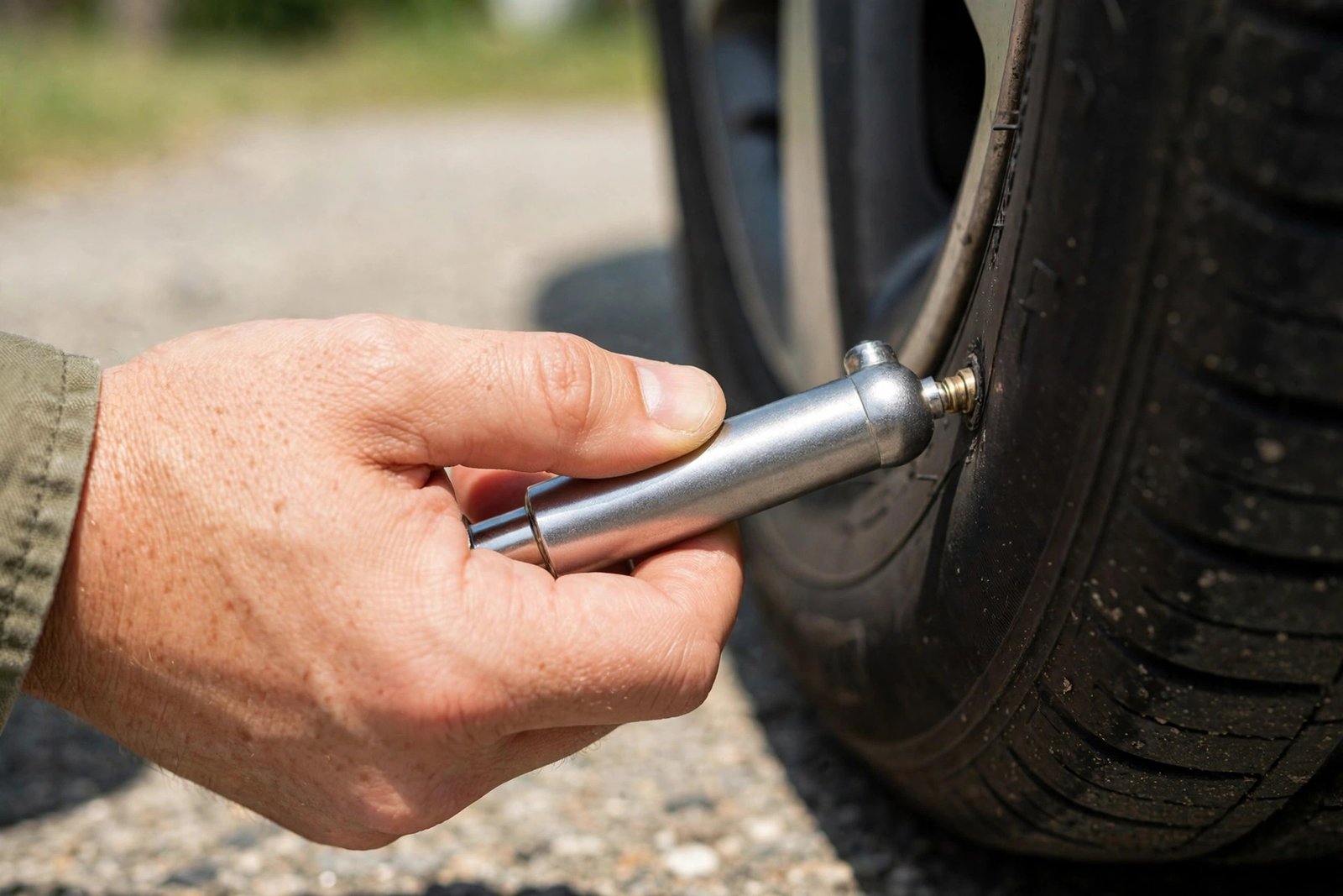 Checking tire pressure with a gauge on a valve stem