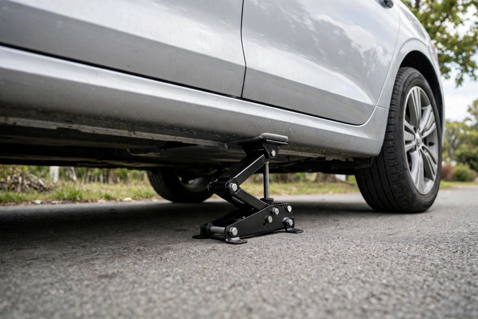 Scissor jack positioned under a car's jacking point
