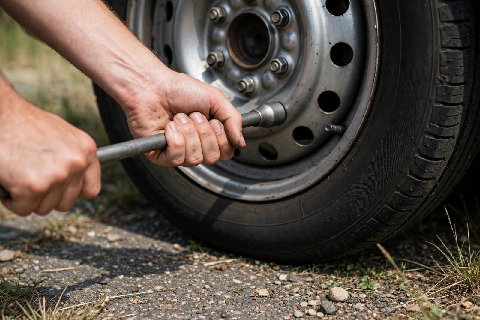 Loosening lug nuts with a wrench before jacking up the car