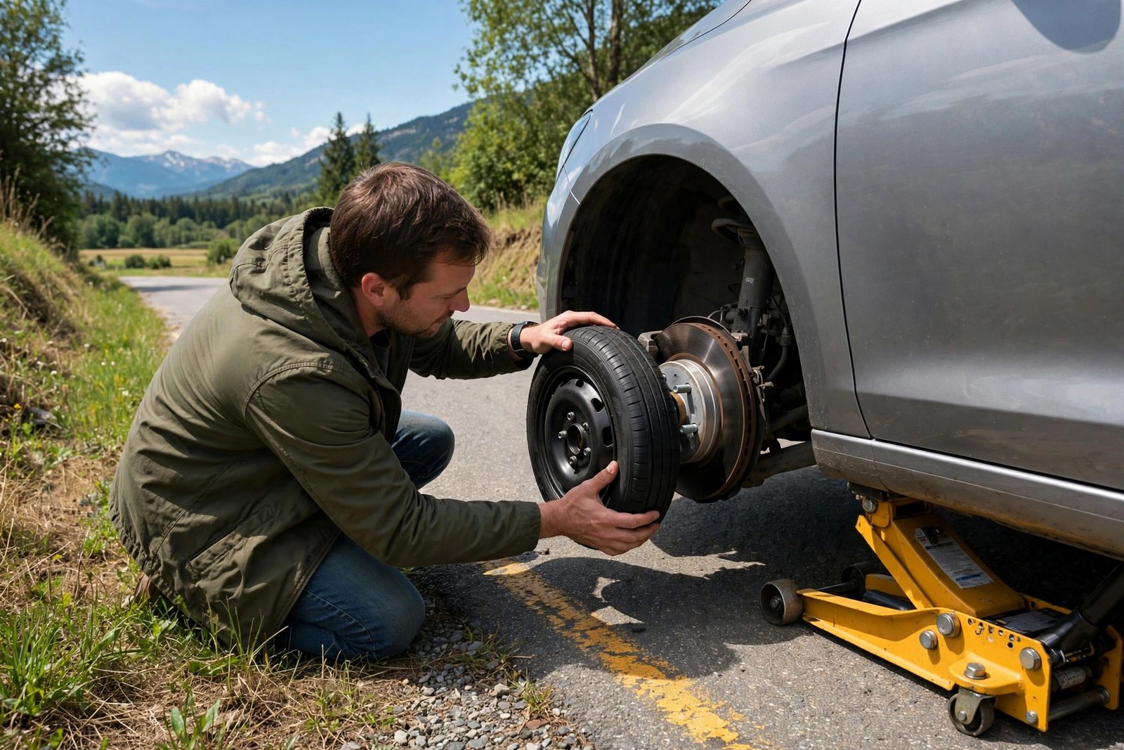 Mounting a compact spare tire onto a car hub