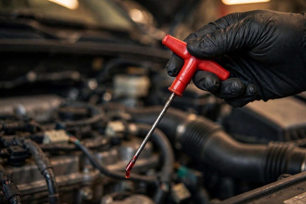 Gloved hand pulling the red-handled transmission dipstick from a car engine bay to check transmission fluid