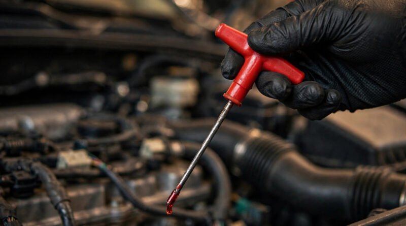 Gloved hand pulling the red-handled transmission dipstick from a car engine bay to check transmission fluid