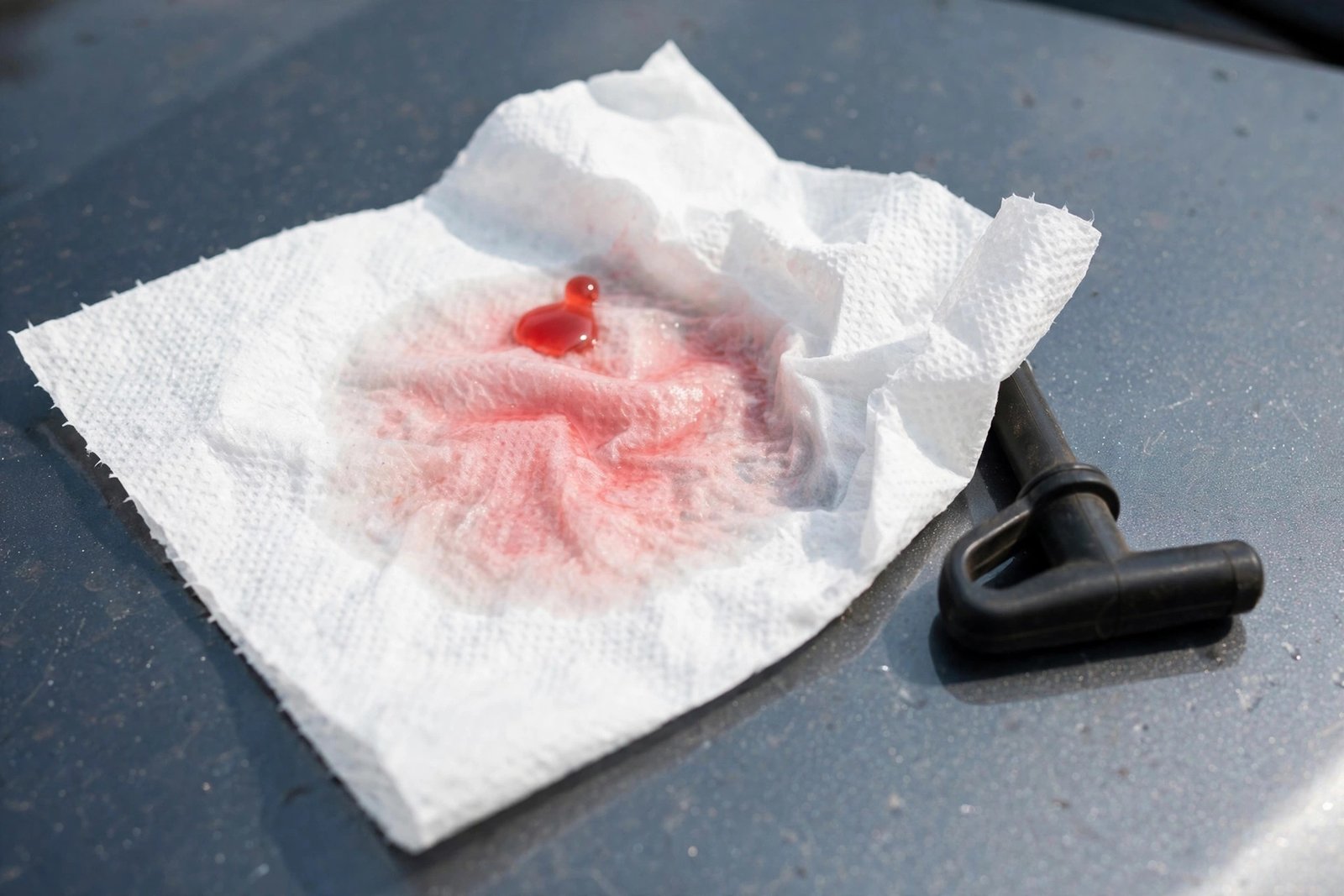 Red transmission fluid drop on a white paper towel showing healthy pinkish-red fluid color