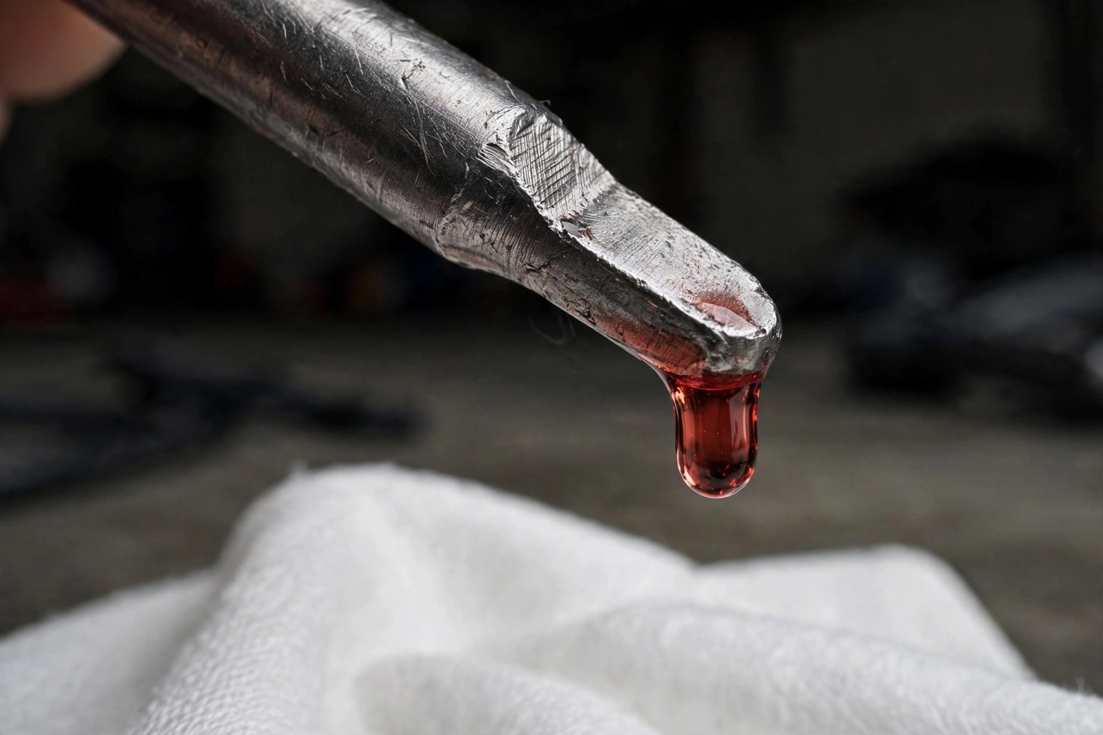 Close-up of a transmission dipstick tip with a drop of red transmission fluid over a white rag