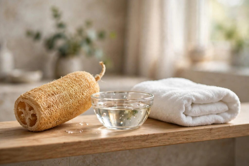 How to clean a loofah: fresh natural loofah on a bathroom shelf with vinegar for weekly cleaning