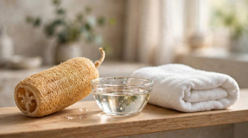 How to clean a loofah: fresh natural loofah on a bathroom shelf with vinegar for weekly cleaning