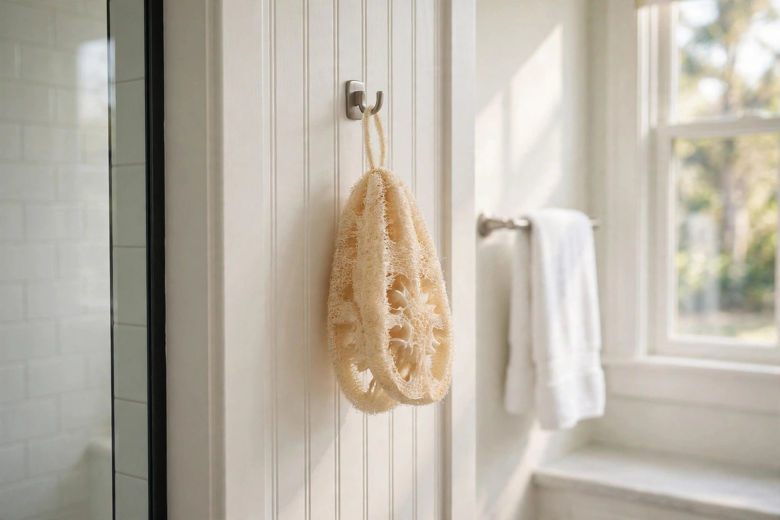 Clean loofah hanging on a hook outside the shower to air dry