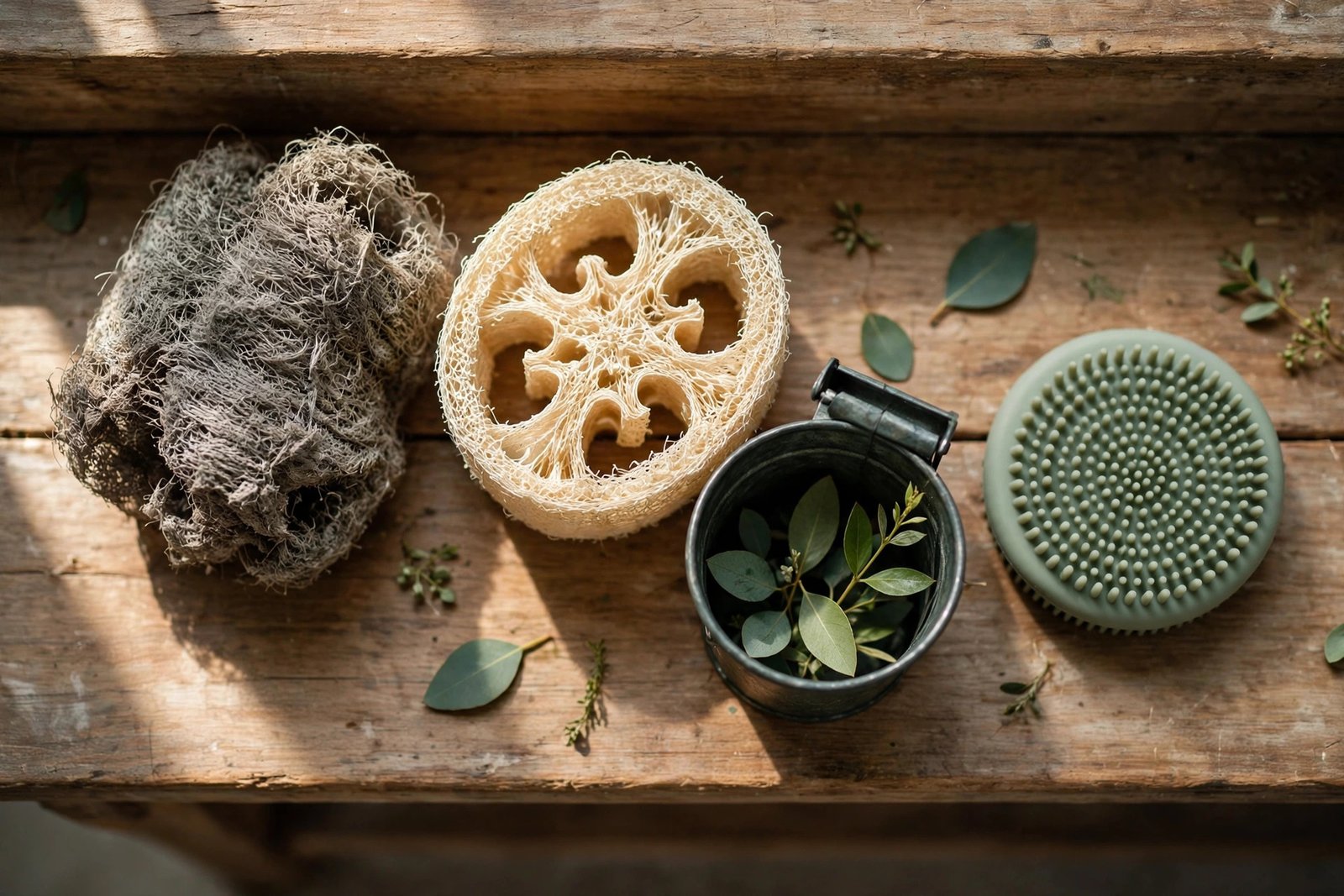 Old loofah next to a fresh loofah and eco-friendly bath alternatives