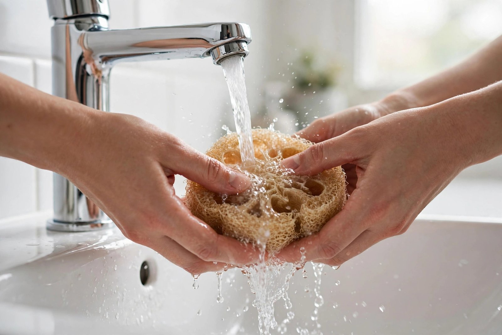 Hands rinsing a loofah under running water at the bathroom sink