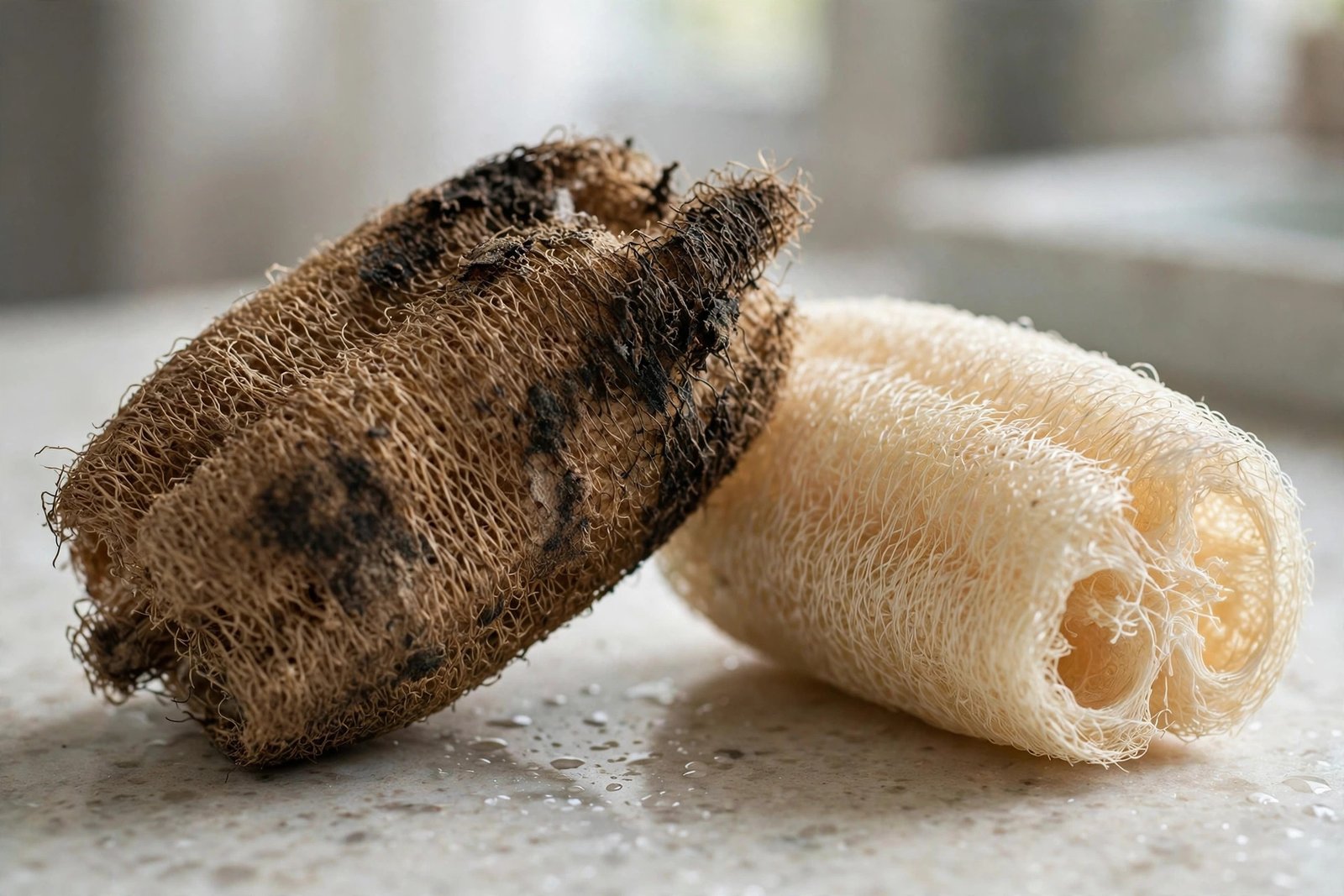 Old worn loofah with dark spots beside a fresh natural loofah
