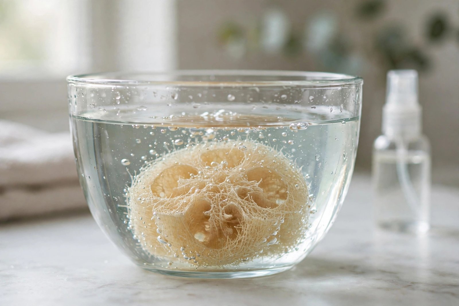 Natural loofah soaking in a bowl of vinegar solution for weekly deep cleaning