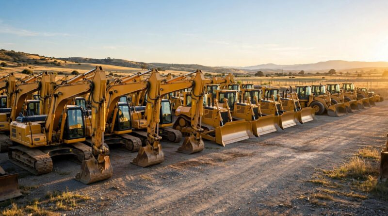IronMartOnline reviews: used heavy equipment yard with excavators and bulldozers at golden hour