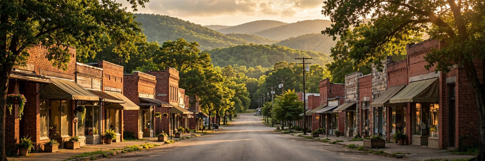 Quiet tree-lined main street of a small Arkansas town with rolling green hills beyond