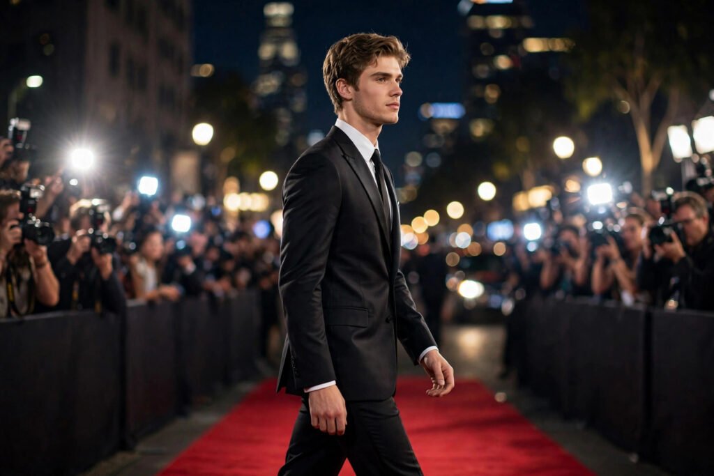Jacob Elordi style cinematic red carpet portrait of a tall young Hollywood actor at a film premiere