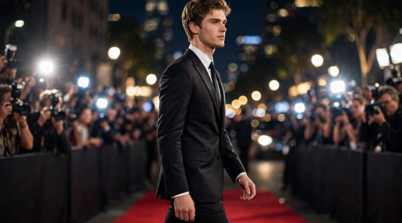 Jacob Elordi style cinematic red carpet portrait of a tall young Hollywood actor at a film premiere