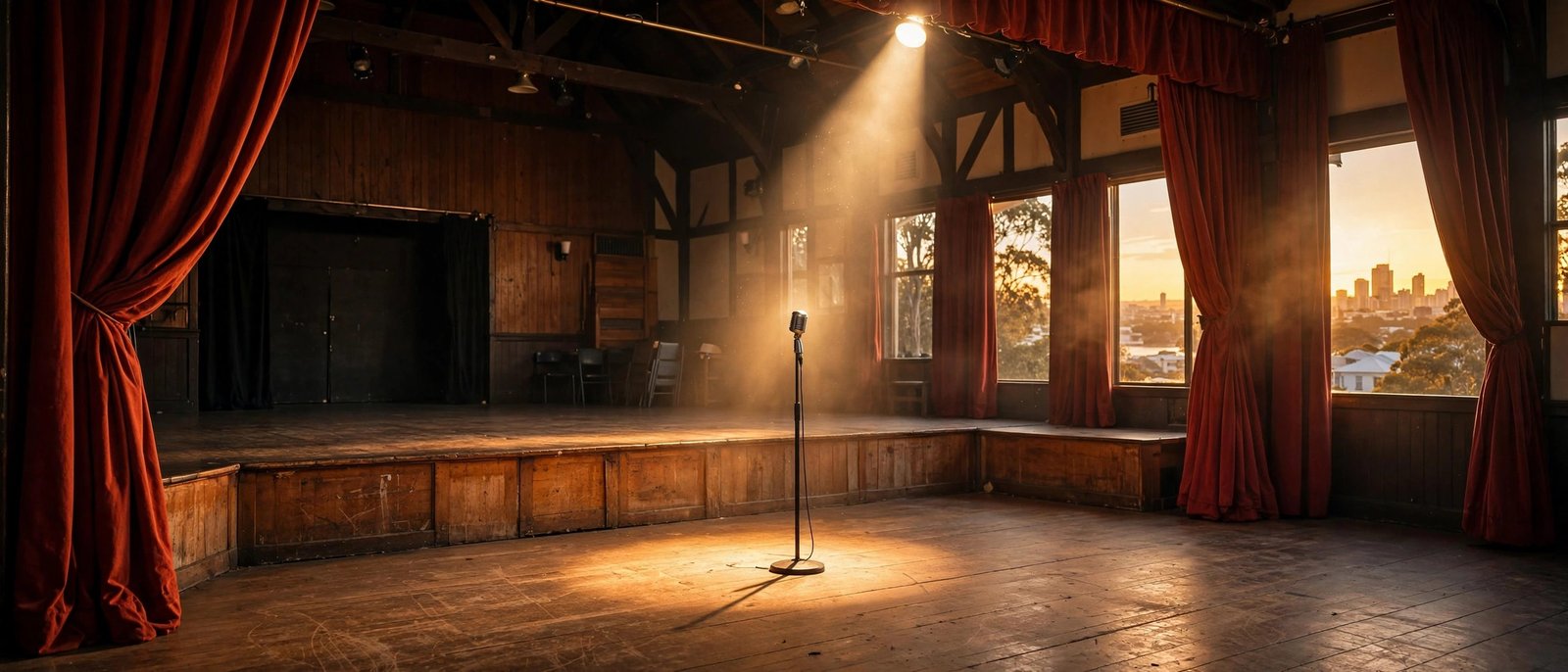 Young actor performing on a school stage in Brisbane, beginning of an acting career