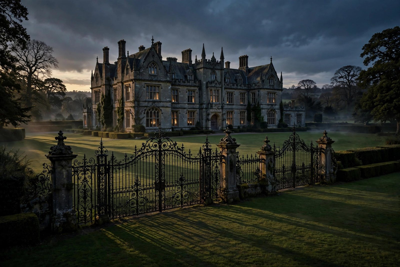 Opulent estate party scene evoking the Saltburn and Priscilla film era