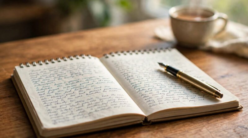 Open journal with handwritten pages and a pen on a sunlit desk
