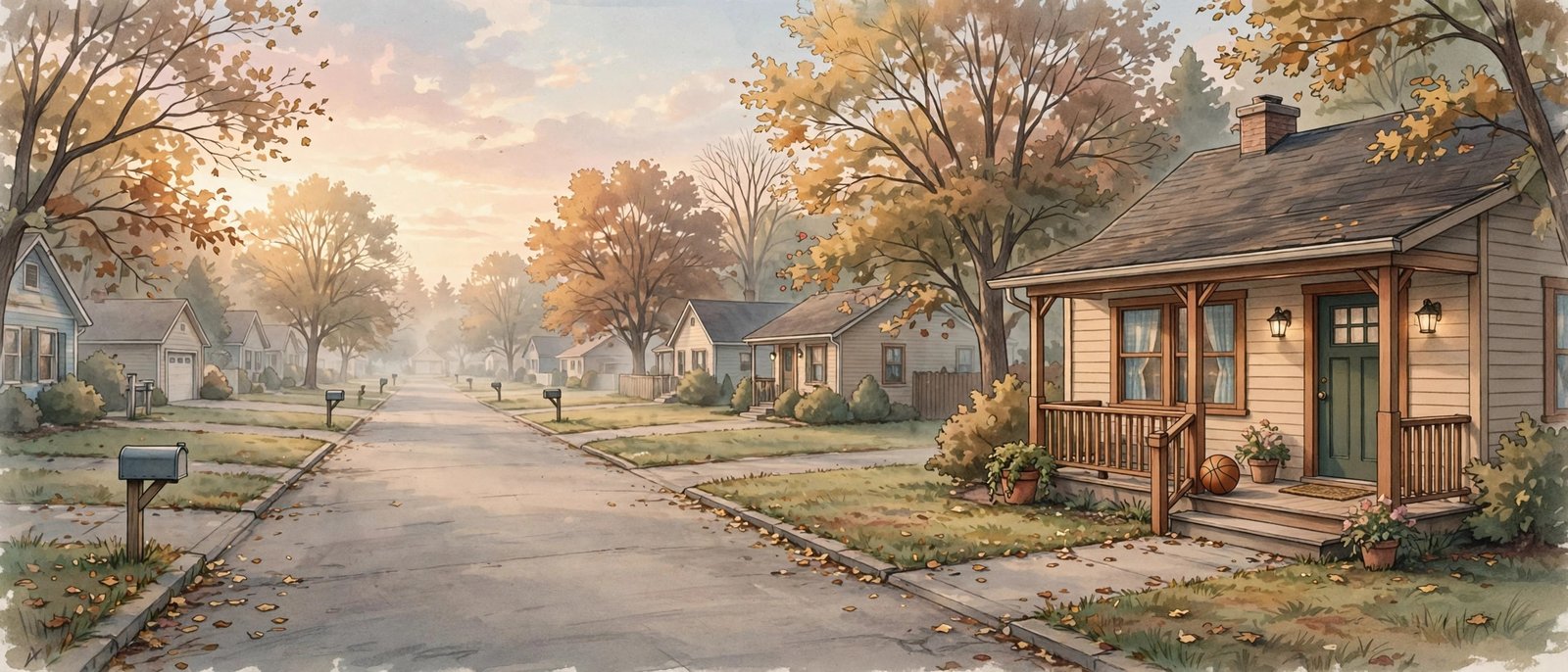 Quiet suburban street in Pennsylvania at dusk, evoking Kniko Howard's private early life