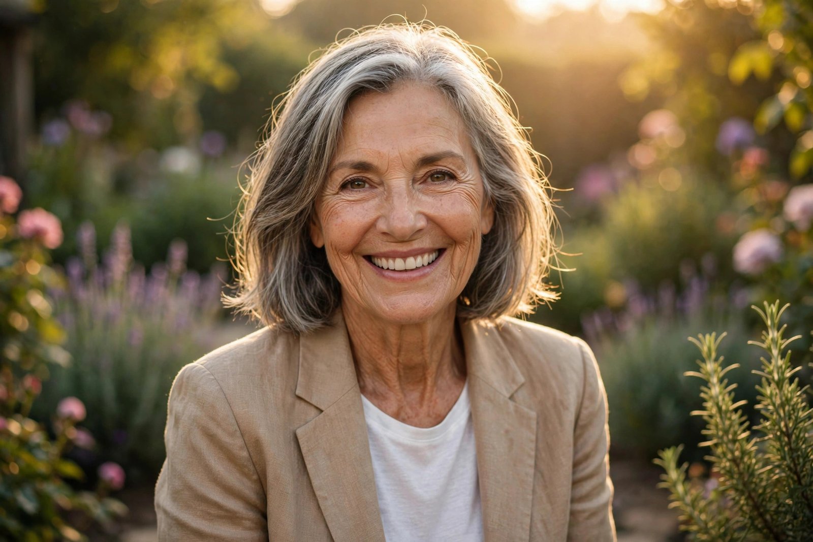 Radiant mature woman embracing aging gracefully with natural confidence