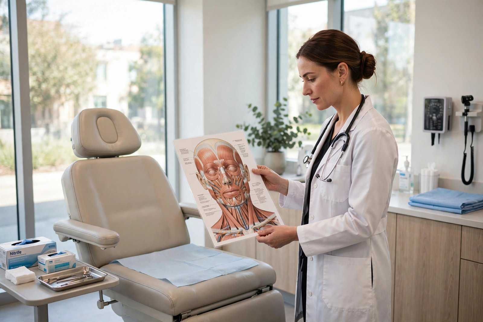Plastic surgeon consultation room showing a facial rejuvenation treatment discussion
