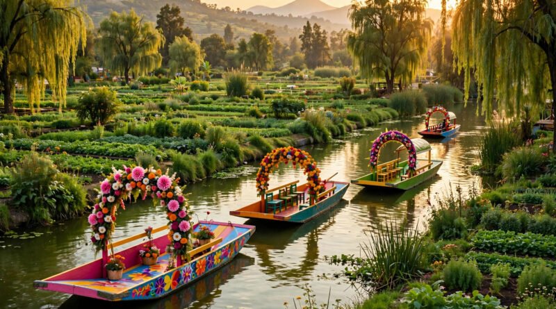 Colorful trajinera boats on the canals of Lake Xochimilco, Mexico City
