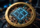 Close-up of a golden quantum computing processor chip glowing in blue light