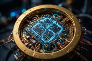 Close-up of a golden quantum computing processor chip glowing in blue light