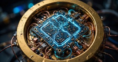 Close-up of a golden quantum computing processor chip glowing in blue light