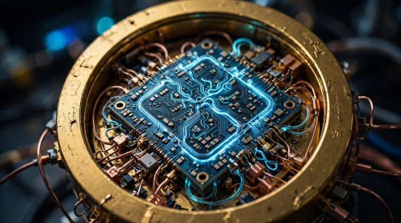 Close-up of a golden quantum computing processor chip glowing in blue light