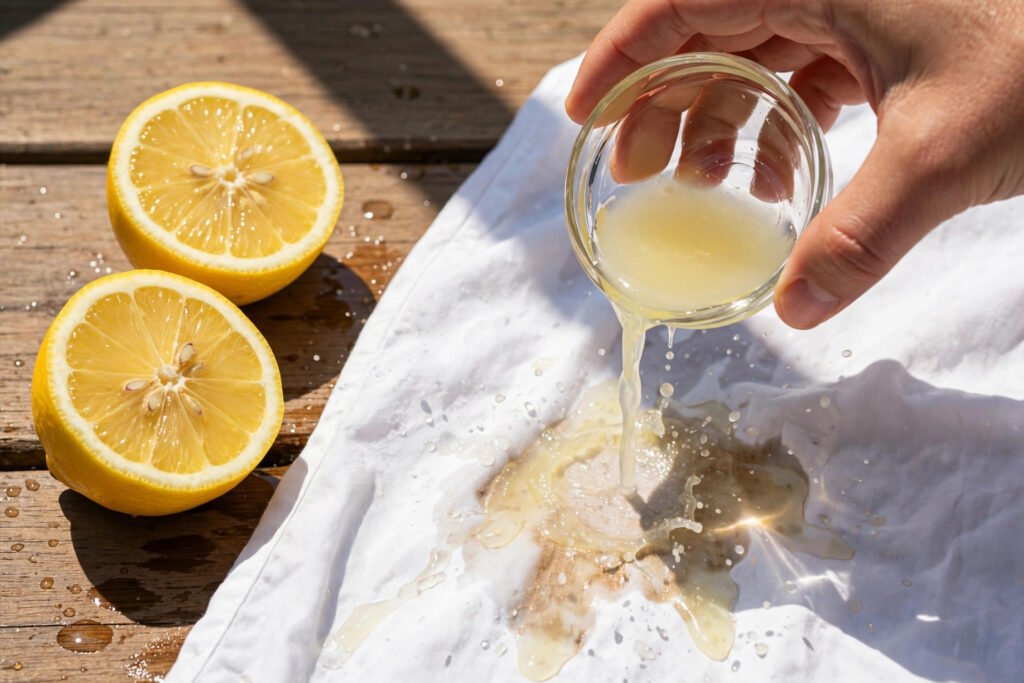 Pouring lemon juice on a white shirt stain in sunlight