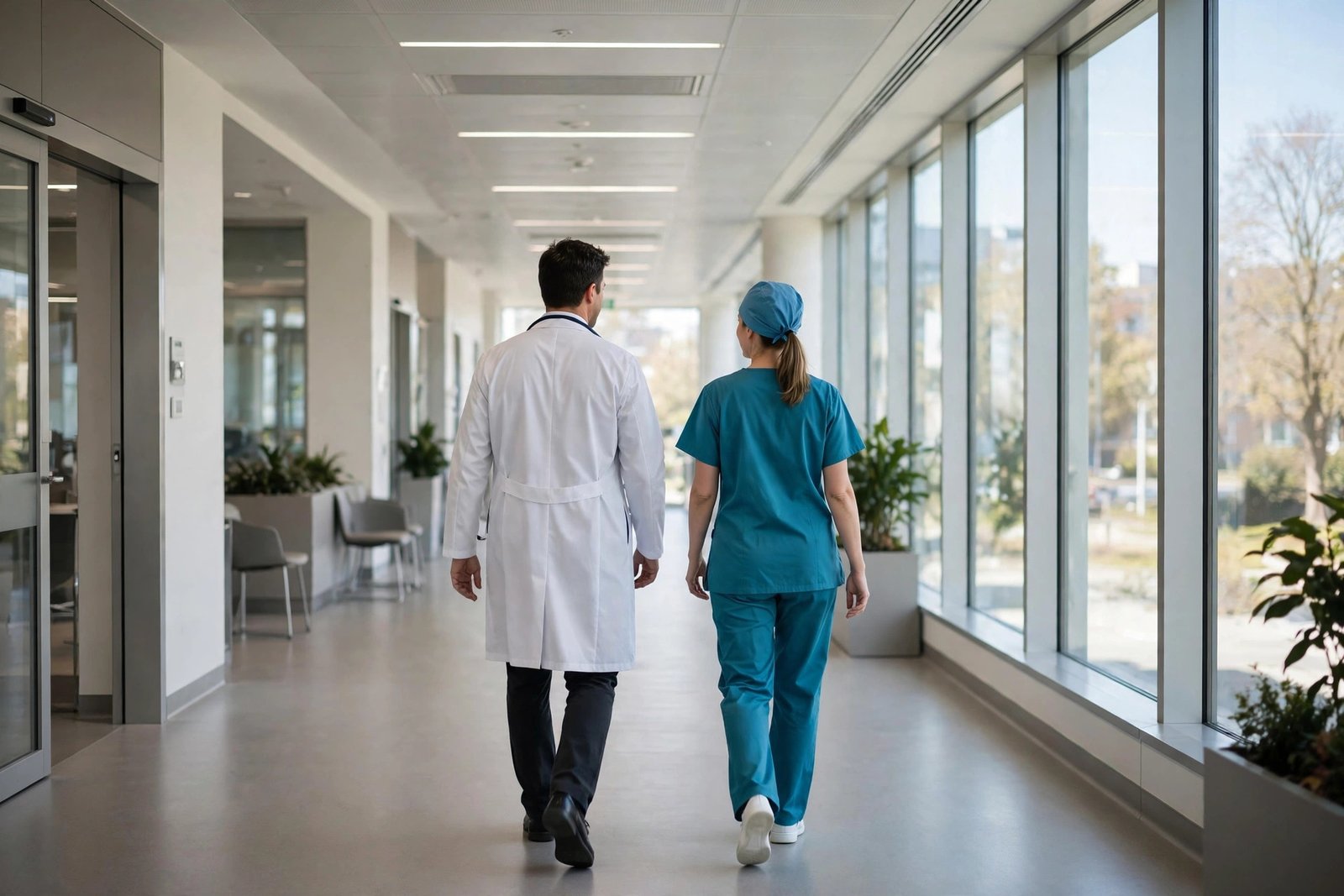 Doctor and nurse walking together down a hospital hallway, symbolizing professional trust in healthcare