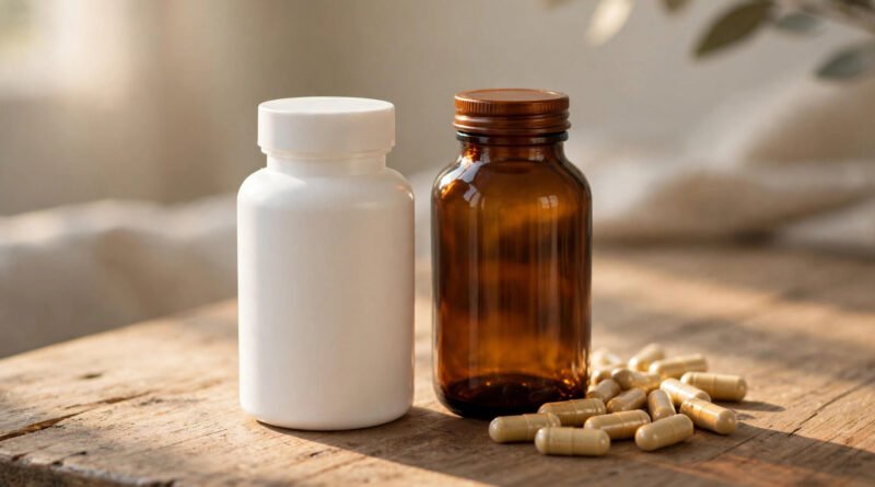 Magnesium glycinate vs citrate: two supplement bottles side by side with capsules on a wooden table