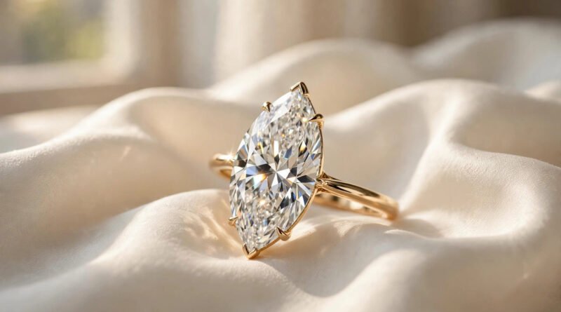 Marquise-cut diamond solitaire ring on a gold band resting on silk