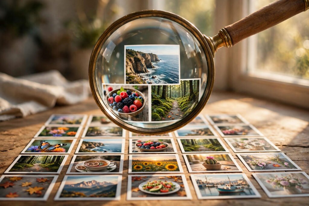 Magnifying glass over a colorful grid of photos illustrating image search techniques
