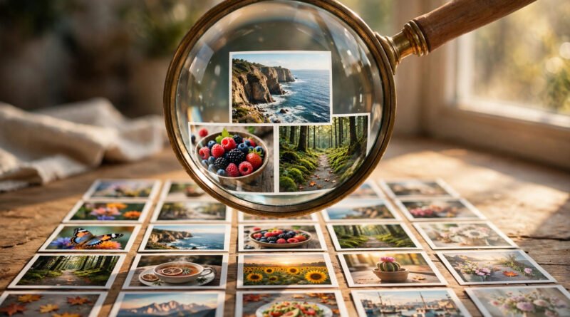 Magnifying glass over a colorful grid of photos illustrating image search techniques