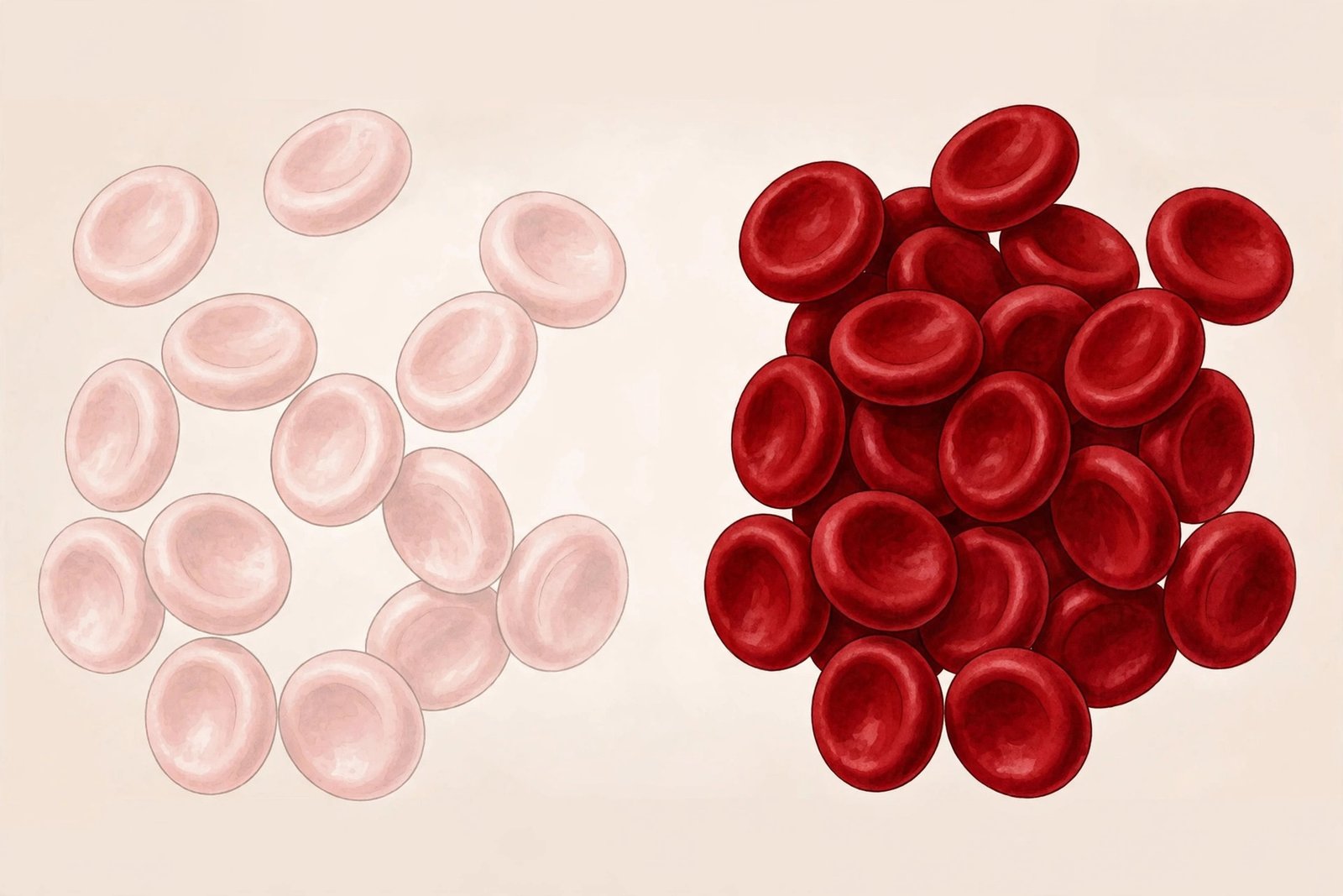 Illustration comparing pale low-hemoglobin red blood cells with dense dark ones, showing low versus high MCHC levels
