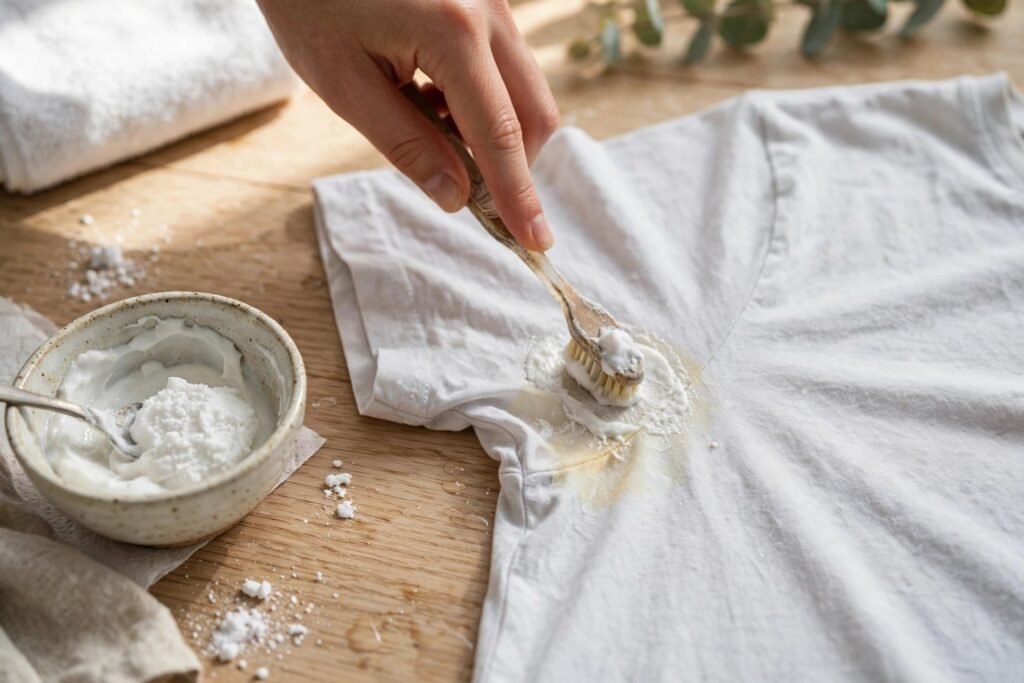 Scrubbing baking soda paste on deodorant stain