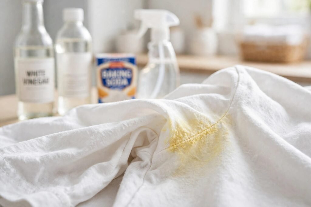 How to take off deodorant stains — yellow stain on white shirt with cleaning supplies
